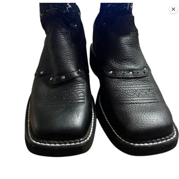 Justin Black Leather Western Boots With Embroidered Wing Design & Square Toe 8.5 - Picture 4 of 11